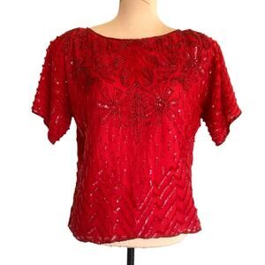 VTG Eves Allure Beaded 100% Silk Top Womens M Red Shoulder Pads Sequins Floral